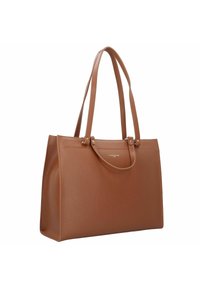 Sac fourre-tout en cuir texturé marron avec deux poignées robustes, de forme rectangulaire et un design minimaliste mettant en avant des accents matériels discrets.
