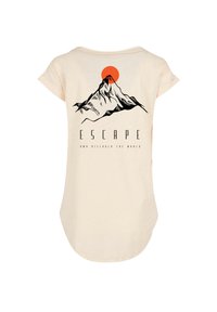 Beige t-shirt with black mountain graphic and orange sun, text reads "ESCAPE" and "AND DISCOVER THE WORLD" on the back.