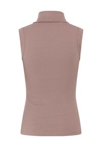 Top aderente senza maniche in morbido tessuto a costine color mauve chiaro, con colletto alto e design senza cuciture. La texture è liscia con una leggera elasticità.