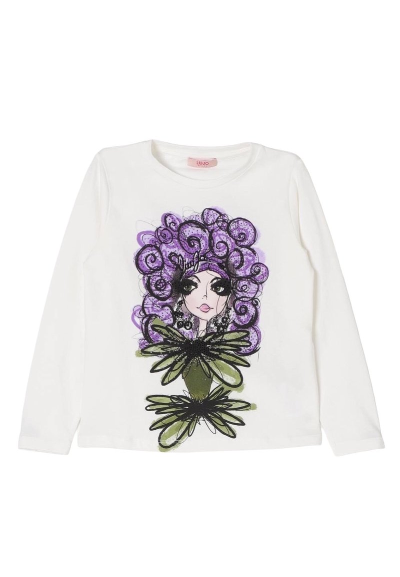 Camicia bianca a maniche lunghe con una grafica colorata di una donna con capelli ricci viola e accenti floreali verdi sul davanti.