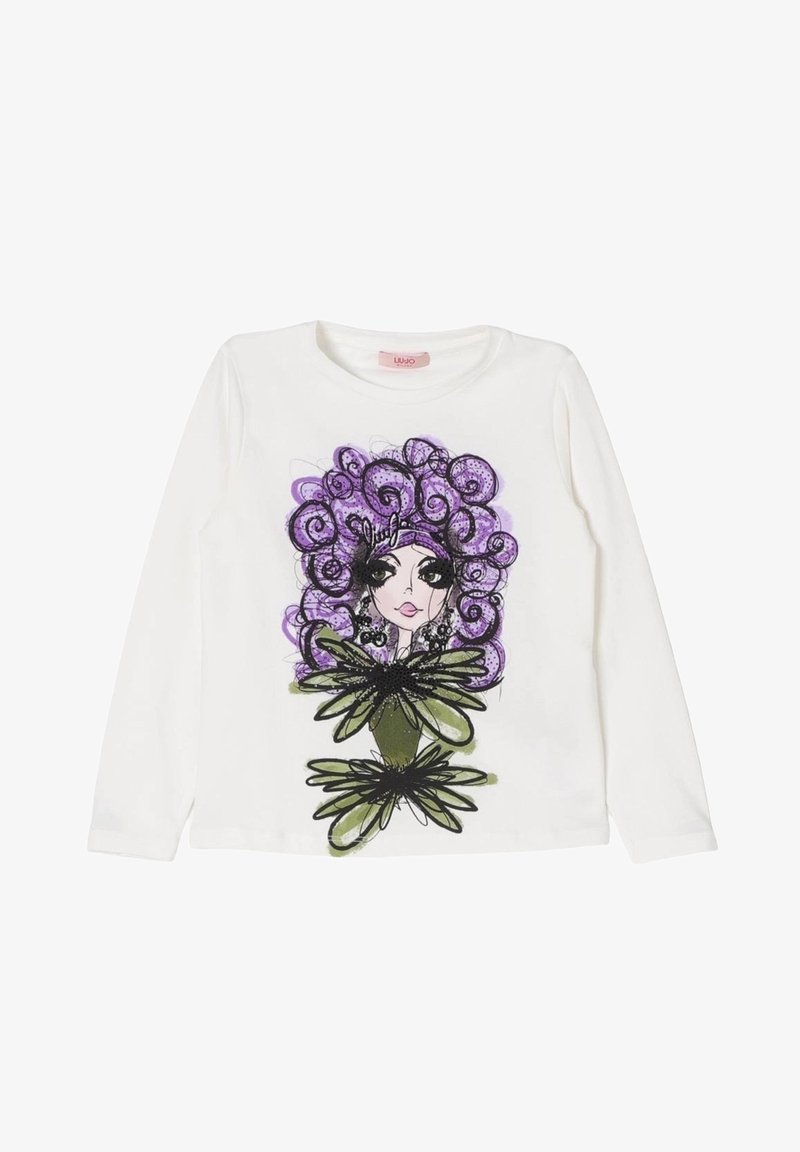 Camicia bianca a maniche lunghe con una grafica colorata di una donna con capelli ricci viola e accenti floreali verdi sul davanti.