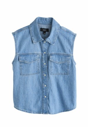 Varrukateta helesinine teksavest, terava kraega, esikinnistega ja kahe esiklapiga taskuga.