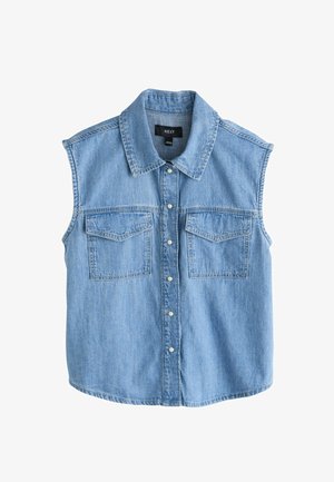 Varrukateta helesinine teksavest, terava kraega, esikinnistega ja kahe esiklapiga taskuga.