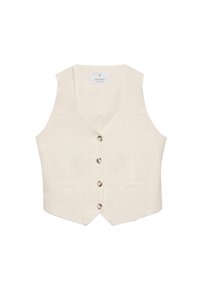 Gilet beige sans manches avec col en V et quatre boutons devant, comportant deux petites poches avant et une coupe ajustée.