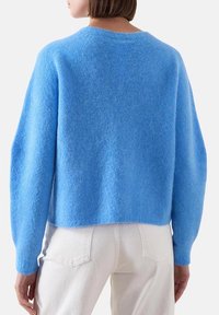 Maglione blu lavorato a maglia, maniche lunghe, design cropped, texture morbida, vista posteriore, indossato con pantaloni bianchi.