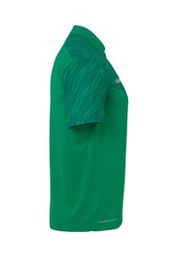 Polo shirt de sport vert avec un devant de couleur unie et un design à manches courtes texturé et à motifs. Fabriqué en tissu respirant pour plus de confort.