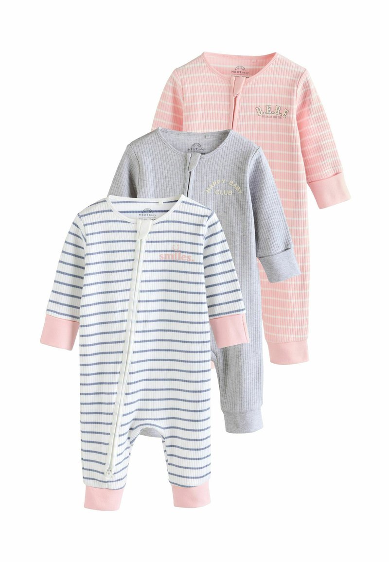 Trois bodies pour bébé : un design rayé blanc et bleu, un en tissu ribbé gris avec du texte, et un style rayé rose, tous avec des manches longues et des zips.