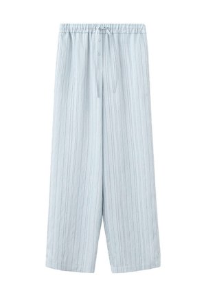 Pantalon bleu clair à jambes larges avec fines rayures verticales, taille élastique, cordon de serrage et deux boutons sur le devant.