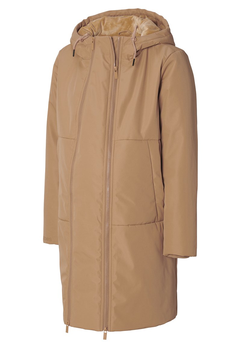 Beige gepolsterte Jacke mit Kapuze, Frontreißverschluss, zwei großen Taschen und weicher Innenauskleidung. Glattes Außenmaterial mit mattem Finish.
