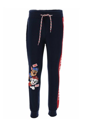 Marineblauwe sweatpants met een koord, voorzien van rode zijpanelen en cartoonhonden gedrukt op het linkerbeen. Zacht materiaal met een ontspannen pasvorm.