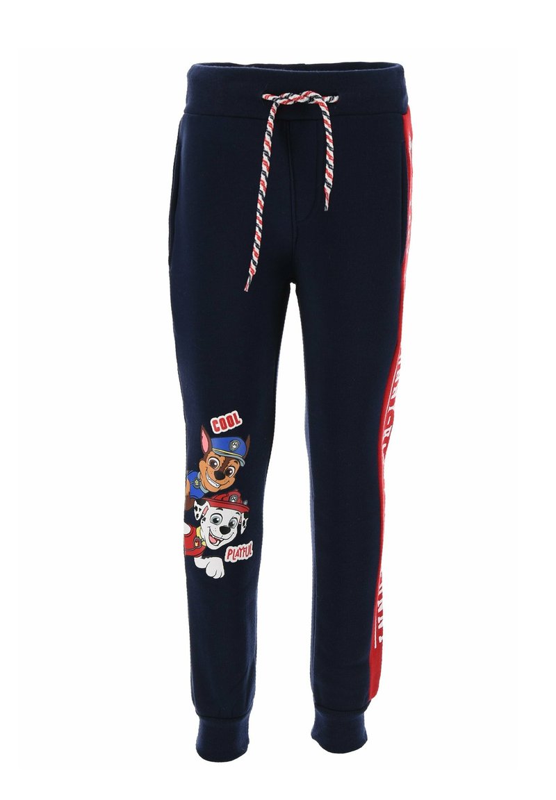 Marineblaue Sweatpants mit Kordelzug, featuring rote Seitenstreifen und cartoonhafte Hunde, die auf dem linken Bein gedruckt sind. Weicher Stoff mit lässigem Schnitt.