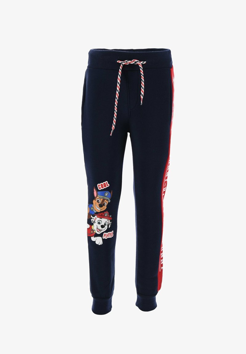 Pantalons de survêtement bleu marine avec cordon de serrage, présentant des panneaux latéraux rouges et des chiens de dessin animé imprimés sur la jambe gauche. Tissu doux avec une coupe décontractée.