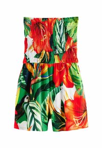 Floraljumpsuit mit gerafftem Oberteil, leuchtenden tropischen Farben und einer Mischung aus großen Blättern und Blumen, aus leichtem Stoff gefertigt.