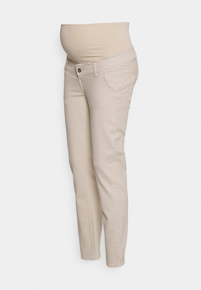 Jeans de maternidade bege com cintura elástica, corte justo, bolsos frontais e uma textura macia e suave. Projetados para conforto durante a gravidez.