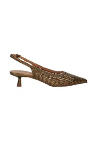 Scarpa slingback intrecciata in bronzo con tacco a gatto, punta appuntita e cinturino regolabile con fibbia.