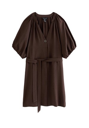 New Look, DARK  V-NECK PUFF SLEEVE BELTED MINI DRESS - Vestido informal - dark brown