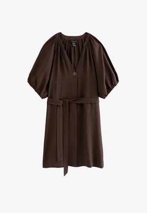 New Look, DARK V-NECK PUFF SLEEVE BELTED MINI DRESS - Freizeitkleid - dark brown
