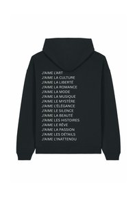 Black hoodie featuring a large back print of French phrases in white text, showcasing a comfortable design with a hood and ribbed cuffs.