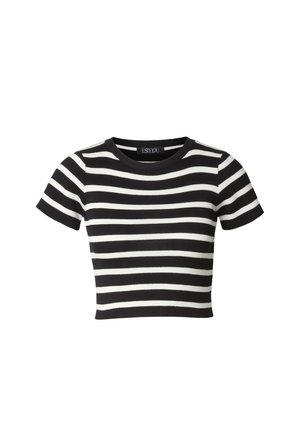 Sort-hvid, ternet kortærmet top med ribbet tekstur og rund halsudskæring, med striber i jævn bredde og kort pasform.