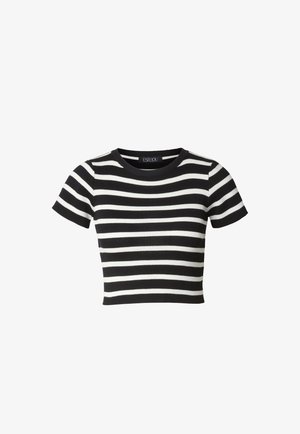 Sort-hvid, ternet kortærmet top med ribbet tekstur og rund halsudskæring, med striber i jævn bredde og kort pasform.