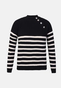 Black and white striped sweater with a ribbed texture, featuring a round neckline and four metal button accents on the left shoulder.