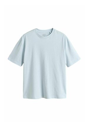 T-shirt bleu clair uni à manches courtes et col rond, taille moyenne, présenté sur un fond blanc.