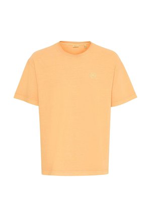 Lys orange kortærmet crewneck t-shirt med et lille solgrafik på venstre bryst.