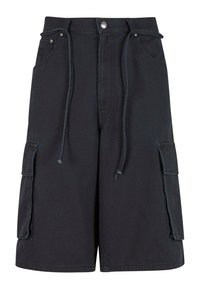 Black cargo shorts made of sturdy fabric, featuring two side pockets, an elastic drawstring waist, and contrasting stitching details.