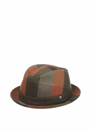 Patchwork fedora hat in shades of brown, olive, and rust with a textured herringbone pattern and a dark brown band.