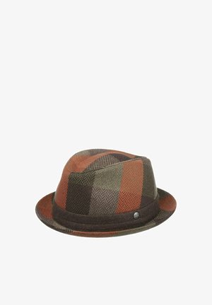 Patchwork fedora hat in shades of brown, olive, and rust with a textured herringbone pattern and a dark brown band.