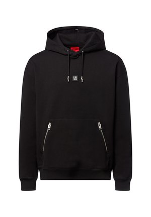 Schwarze Kapuzenjacke aus glattem Stoff, mit einer zentralen Tasche mit Reißverschlüssen, verstellbarem Kapuzenzug und kleinem Logo auf der Brust.