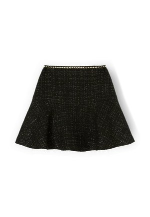Schwarze ausgestellte Rock aus strukturiertem Stoff, mit einem gewebten Muster und einem dekorativen weißen Besatz entlang des Bundes.