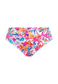 Parte inferior de bikini floral colorida con grandes patrones de hojas en rosa, naranja y azul sobre un fondo blanco; cinturilla elástica; textura suave.