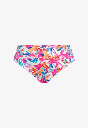 Kleurvolle bloemenbikini onderkant met grote roze, oranje en blauwe bladvormen op een witte achtergrond; elastische tailleband; gladde textuur.