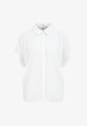 White short-sleeve button-up shirt with a textured, crinkled fabric, classic collar, and a straight cut. Features a subtle sheen and simple design.