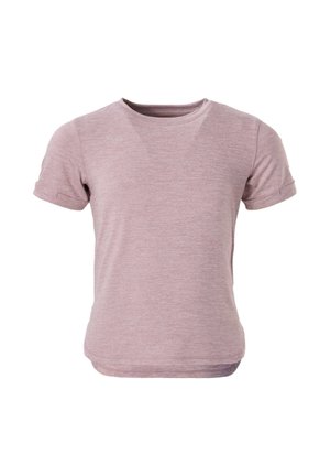 T-shirt med korte ærmer og rund hals i lys lilla meleret farve med opsmøgede ærmeender, vist på en hvid baggrund.