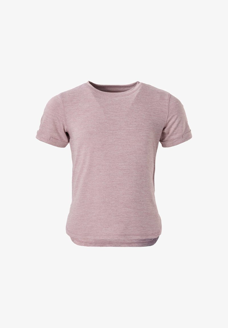 T-shirt à manches courtes, col rond, violet clair chiné, avec les poignets repliés, présenté sur un fond blanc.