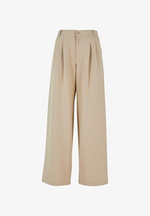 Beige weit geschnittene Hosen mit gefaltetem Vorderteil, Knopfverschluss und glatter Textur. Verfügt über einen taillierten Bund und seitliche Taschen.