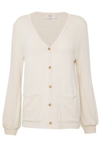 Cremfarbener Cardigan aus weichem Material, mit V-Ausschnitt, langen Ärmeln, fünf Knöpfen und zwei Fronttaschen.