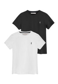 Deux t-shirts en coton : un noir et un blanc, tous deux à manches courtes avec un petit logo imprimé sur la poitrine gauche. Style col rond.