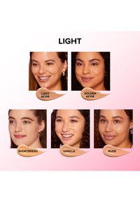 Four women showcase different foundation shades: Light Beige, Golden Beige, Shortbread, Vanilla, and Nude against a soft pink background.