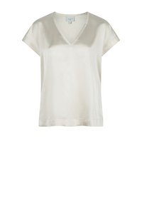 Damen-Tunika aus leichtem cremfarbenen Satin, mit V-Ausschnitt und kurzen Ärmeln. Glatte Textur mit lockerer Passform und subtiler Raffung.