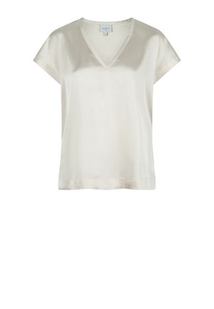 Dames tuniek in licht crème satijn, met een V-hals en korte mouwen. Glad materiaal met een ontspannen pasvorm en subtiele glans.