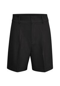 Czarne spodenki o dopasowanym kroju z płaskim przodem, dwoma bocznymi kieszeniami i szlufkami na pasek. Wykonane z gładkiej, lekkiej tkaniny.