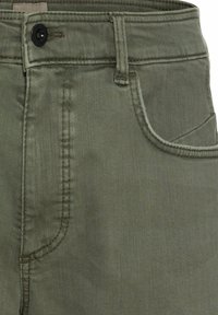 Olive green denim jeans with a medium rise, featuring a front pocket, button closure, and visible stitching details along the seams.