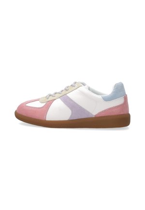 Sneaker mit einem Obermaterial aus weißem Leder, Akzenten aus rosa, lila und beigem Wildleder. Verfügt über eine Gummisohle und graue Schnürsenkel. Low-Top-Design.
