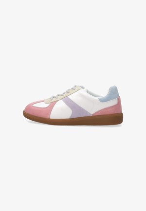 Sneakers with a white leather upper, pink, purple, and tan suede accents. Features a rubber sole and grey laces. Low-top design.