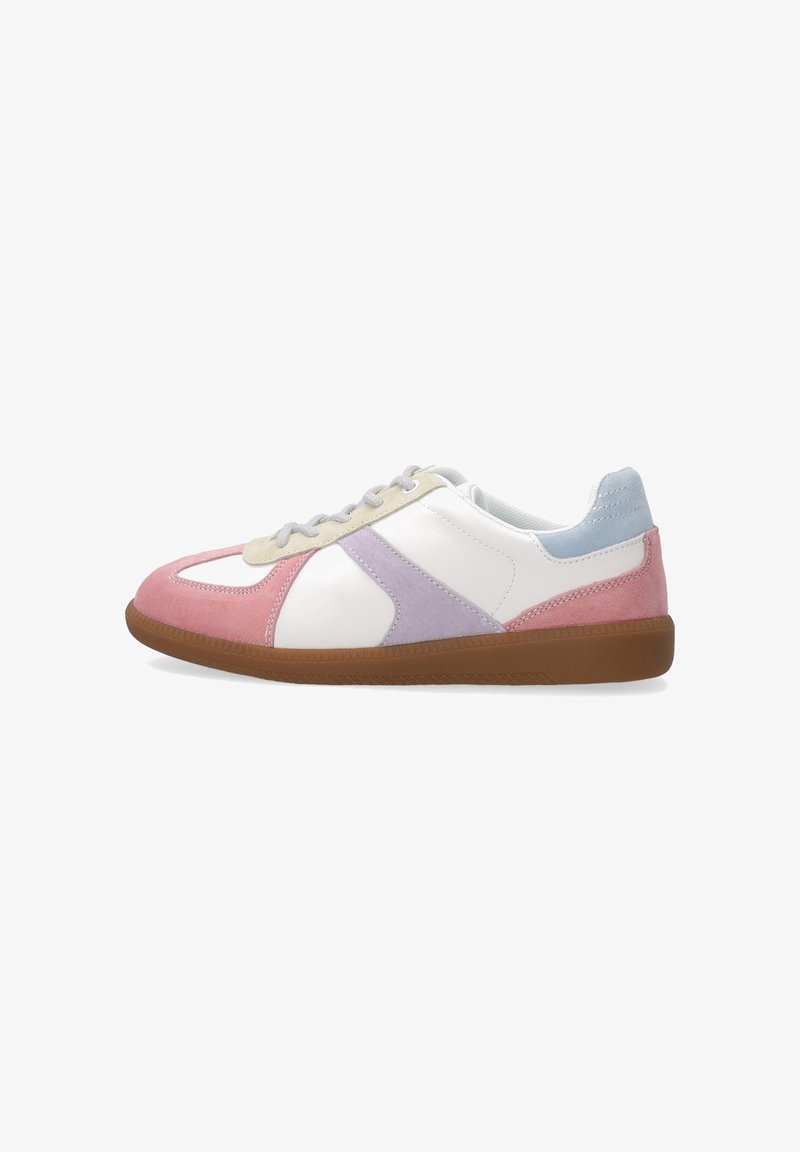 Sneaker mit einem Obermaterial aus weißem Leder, Akzenten aus rosa, lila und beigem Wildleder. Verfügt über eine Gummisohle und graue Schnürsenkel. Low-Top-Design.
