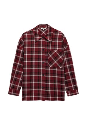 Long-sleeve red and black plaid flannel shirt with front buttons and a single chest pocket with diagonal plaid pattern.