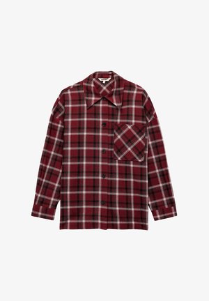 Long-sleeve red and black plaid flannel shirt with front buttons and a single chest pocket with diagonal plaid pattern.